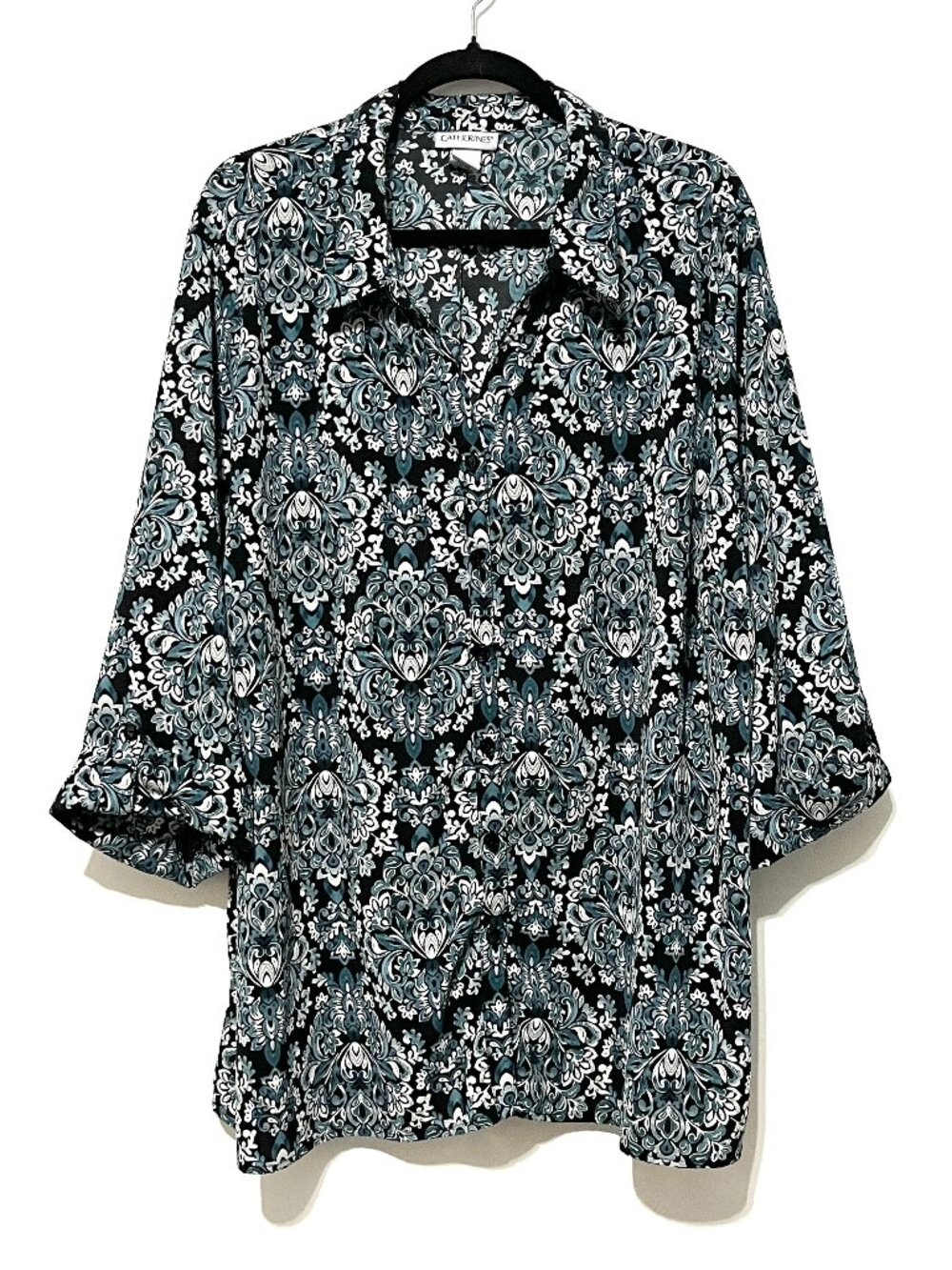 Catherines Womens Full Button Dark Floral Shirt 3X Flowy 3/4 Sleeve Bohemian